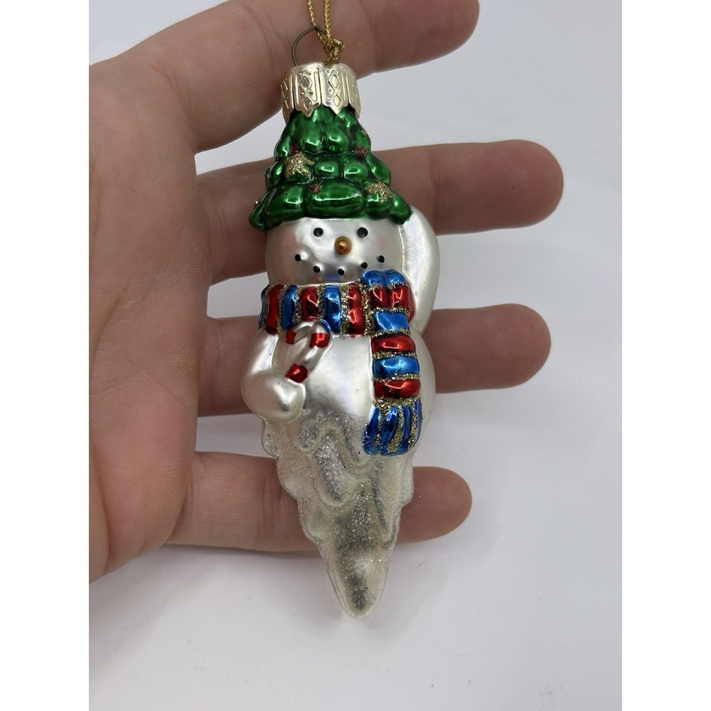 Blown Glass Snowman Hat Scarf Icicle Ornament By Lao Mai